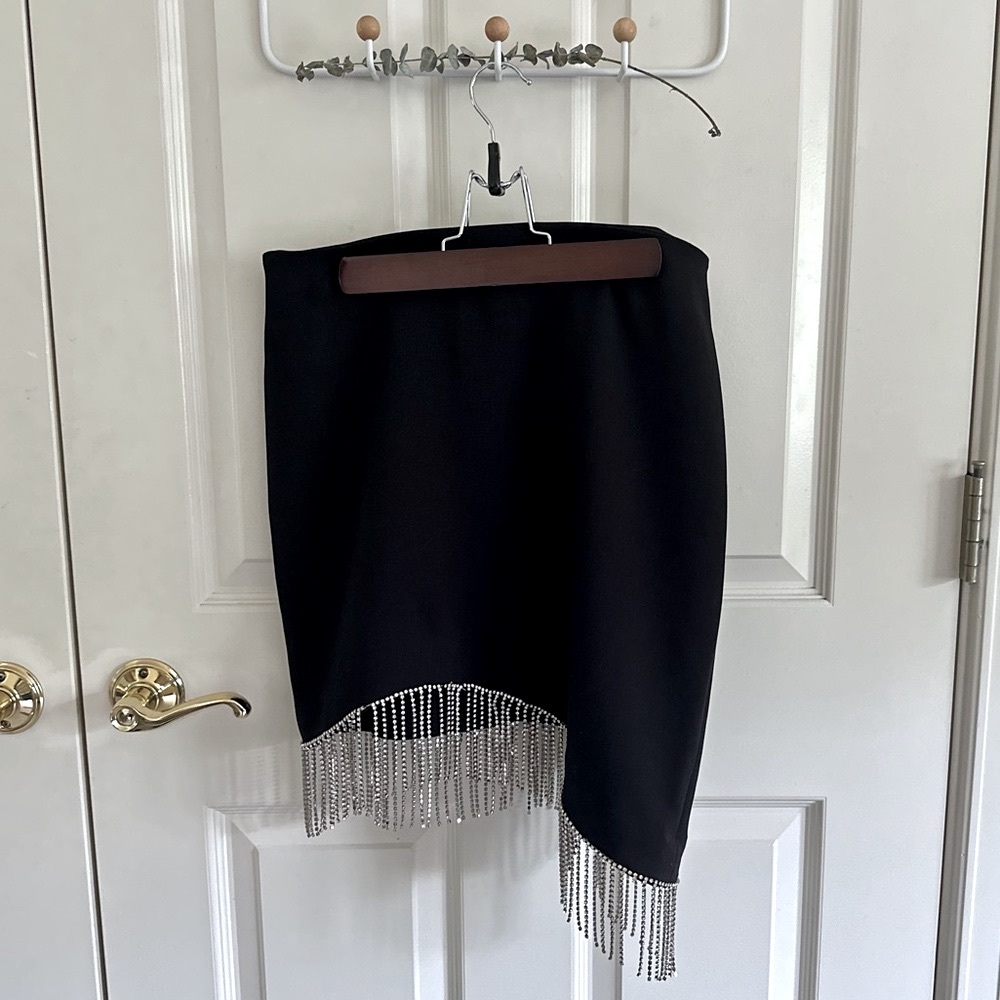 & Other Stories Women’s Asymmetrical Black Skirt With Silver Fringe Rhinestones